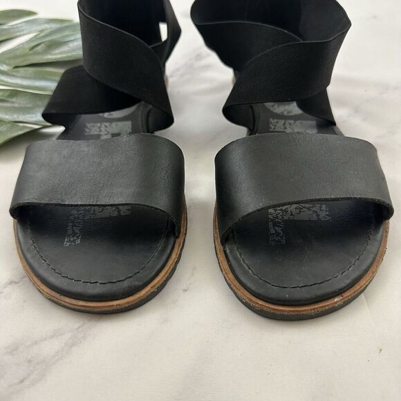 Sorel Womens Ella Flat Sandals Size 10 Black Leather Ankle Wrap Straps - Picture 3 of 7